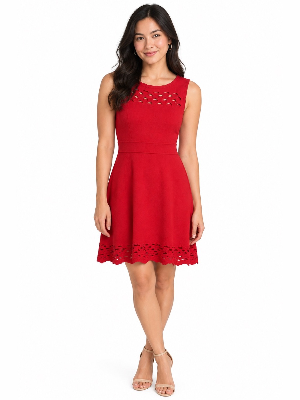 Milly Red Eyelet Cutout Sleeveless Knit Fit & Flare Dress Size S Scalloped